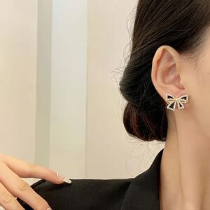 Black Bow Earrings, Black Bow and Cubic Zirconia Earrings
